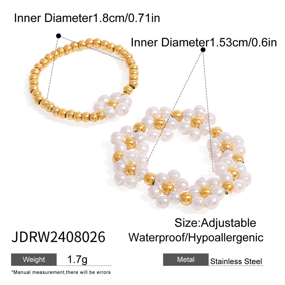 1 paire de bagues ajustables pour femme, série classique, élégantes, en acier inoxydable plaqué or , avec perles artificielles h5Image2