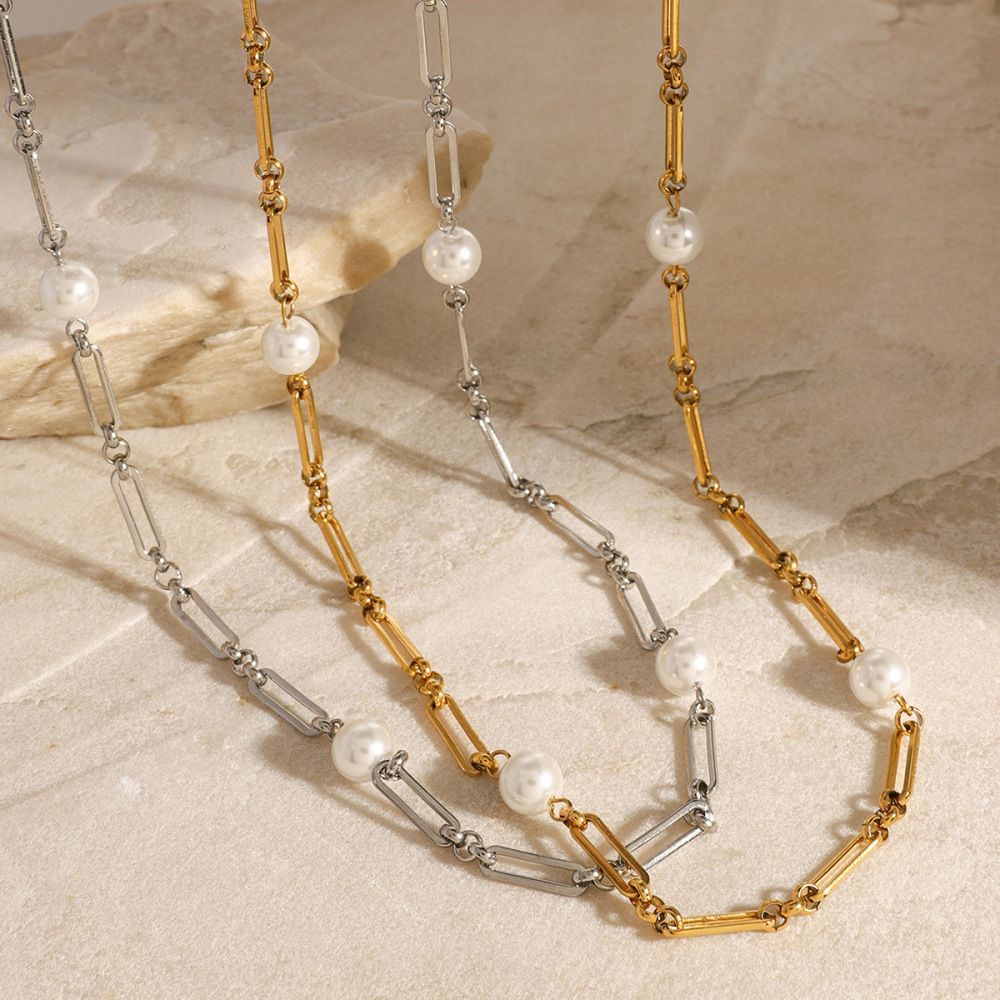 1 Piece Simple Series Elegant Geometric Stainless Steel Gold Plated Artificial Pearl Women Chain Necklaces Picture3