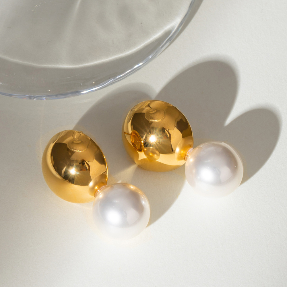 1 Pair Simple Series Elegant Geometric Stainless Steel Gold Plated Artificial Pearl Women Stud Earrings h5Picture2