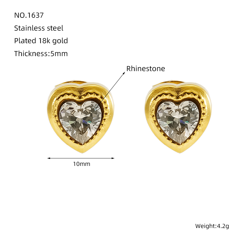 1 Pair Romantic Sweet Style Heart Shape Stainless Steel Gold Plated Inlay Zircon Women's Stud Earrings h5Picture9