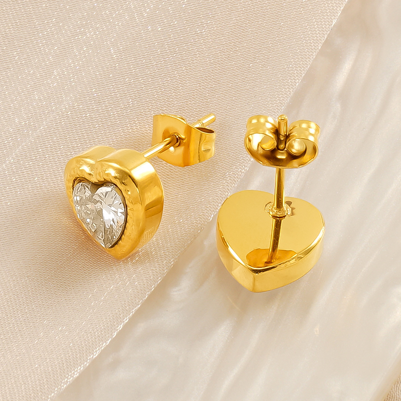 1 Pair Romantic Sweet Style Heart Shape Stainless Steel Gold Plated Inlay Zircon Women's Stud Earrings h5Picture5