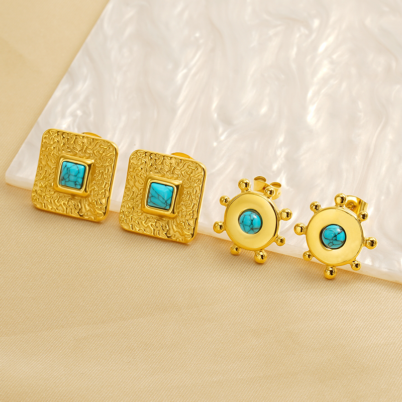 1 Pair Simple Retro Style Geometric Shape Stainless Steel  Gold Plated Inlay Turquoise Women's Stud Earrings Picture3