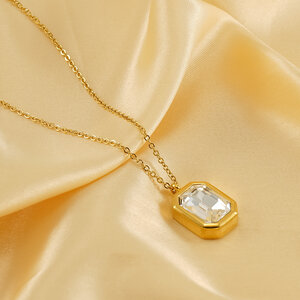 1 piece simple elegant style octagon shape stainless steel gold plated inlay square zircon women's pendant necklace h5
