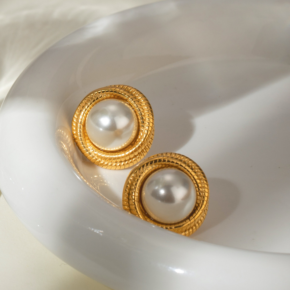 1 Pair Simple Series Retro Geometric Stainless Steel Gold Plated Artificial Pearl Women Stud Earrings h5Picture2