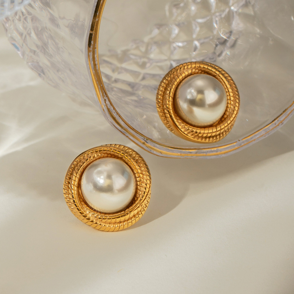 1 Pair Simple Series Retro Geometric Stainless Steel Gold Plated Artificial Pearl Women Stud Earrings h5Picture3