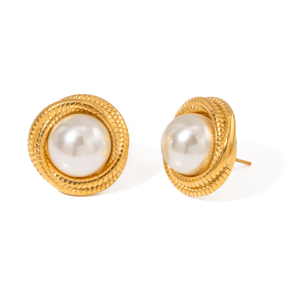 1 Pair Simple Series Retro Geometric Stainless Steel Gold Plated Artificial Pearl Women Stud Earrings h5Picture4