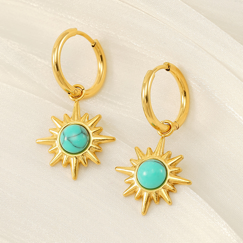 1 Pair Retro Style Eight-Pointed Star Shape Stainless Steel Gold Plated Inlay Turquoise Women's Drop Earrings h5Picture2