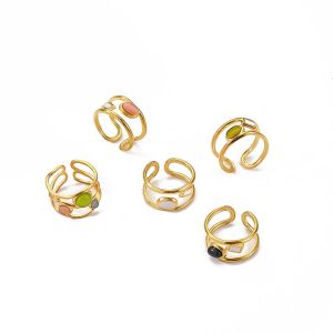 1 Pair Classic Series Classic Geometric Stainless Steel Waterproof Natural Stone Women Single Ring h5 Picture5