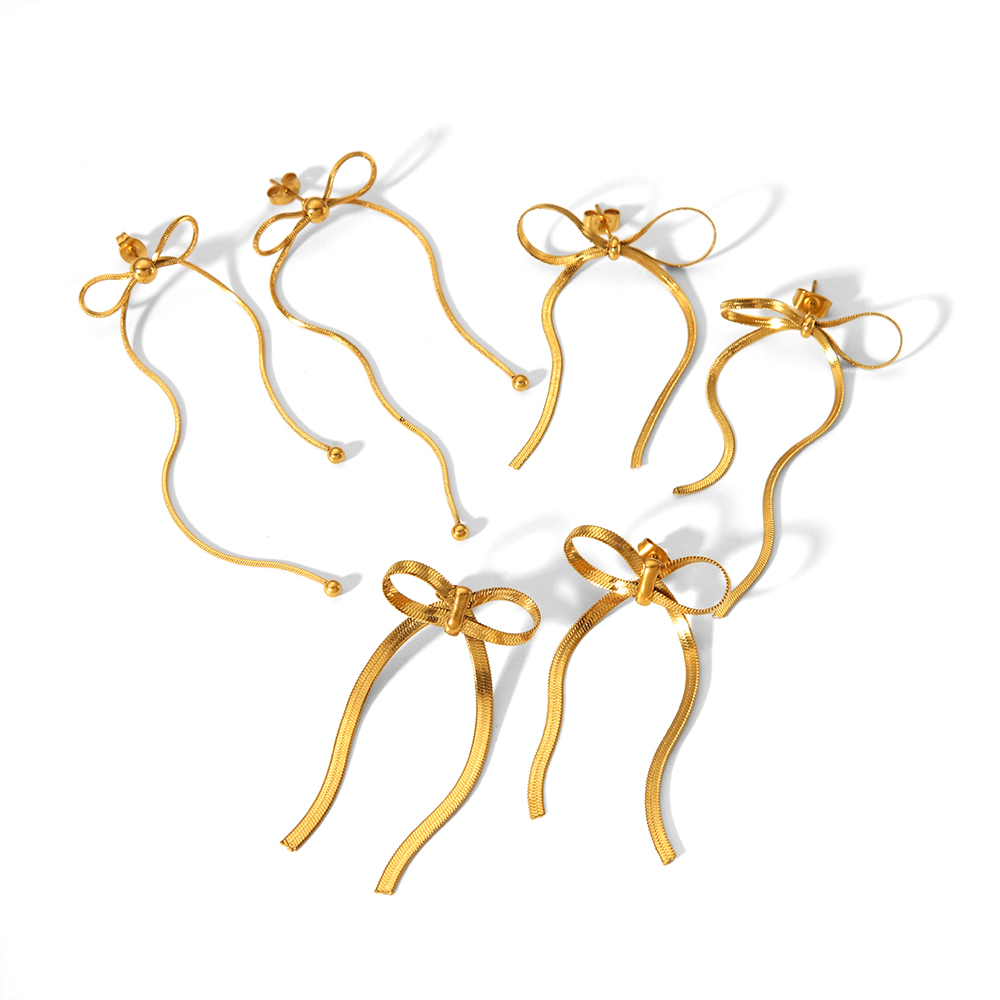 1 Pair Of Fashionable  Gold-Plated Stainless Steel Bow Tassel Earrings For Women For Daily Wear Picture2