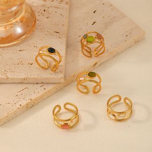 1 Pair Classic Series Classic Geometric Stainless Steel Waterproof Natural Stone Women Single Ring h5 Picture4