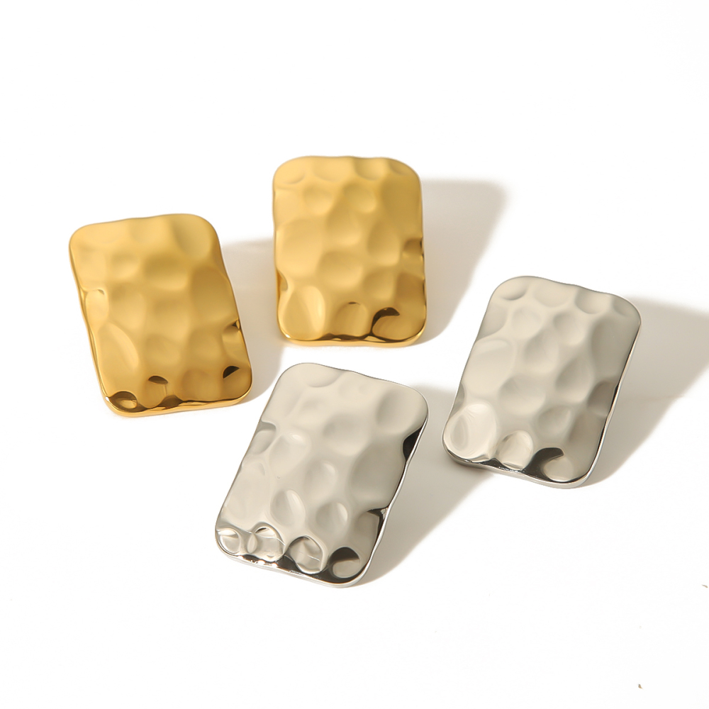 1 Pair Of Personalized Fashion  Gold-Plated Stainless Steel Square Hammer Texture Earrings For Women's Jewelry For Daily Wear Picture4