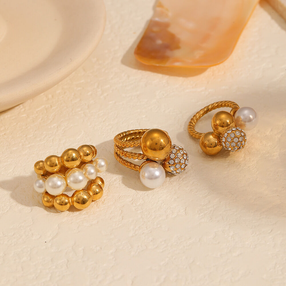 1 paio di anelli singoli in perle artificiali placcati in oro  con pois retrò della serie semplice h5 Immagine2
