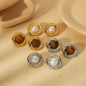 1 pair of stylish and elegant gold-plated stainless steel geometric round inlaid tiger eye stone earrings for women's jewelry for daily wear h5