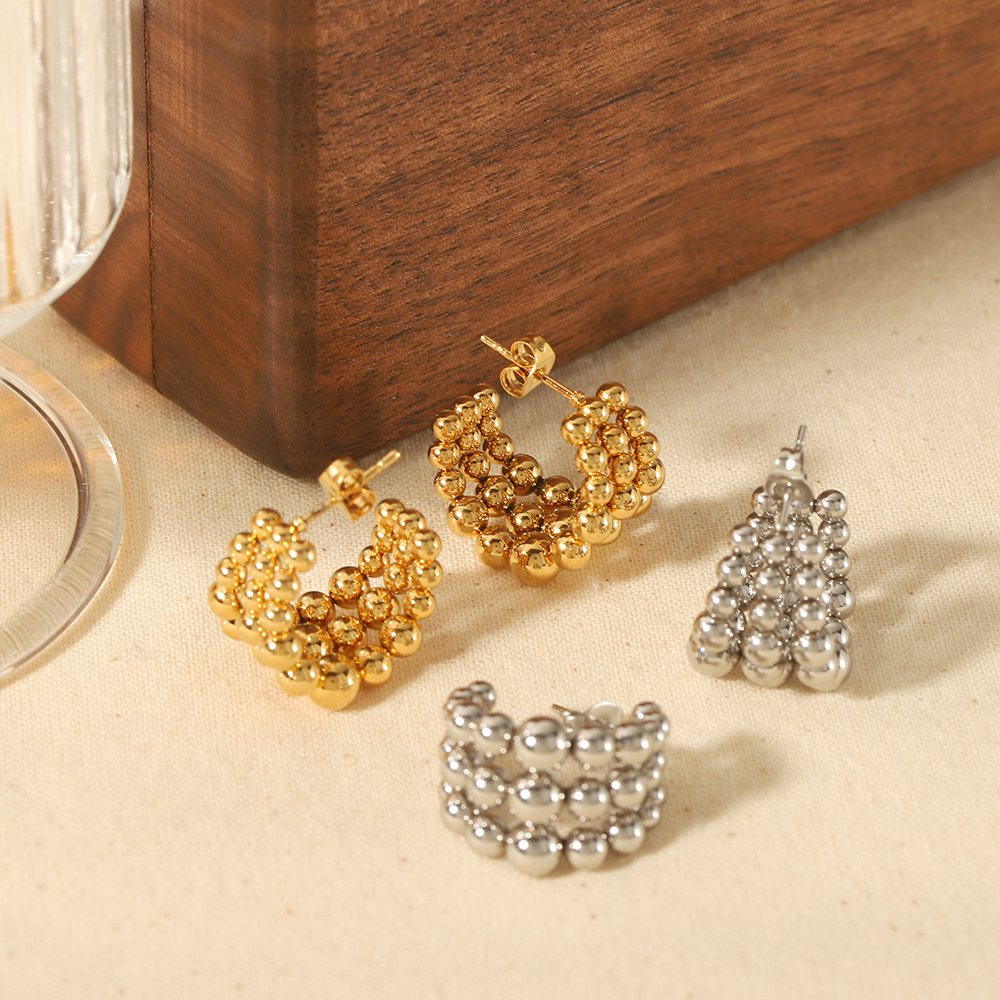 1 Pair Of Creative And Fashionable  Gold-Plated Stainless Steel Round Bead Link C-Shaped Earrings Suitable For Women's Daily Wear Picture3