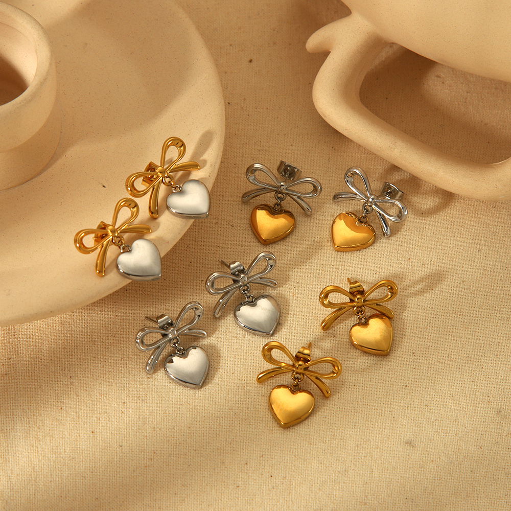1 Pair Of Creative And Fashionable  Gold-Plated Stainless Steel Color Matching Bow Pendant Earrings For Women's Jewelry For Daily Wear Picture2