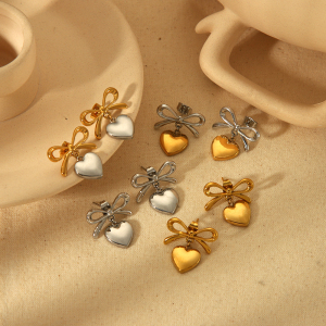 1 Pair Of Creative And Fashionable  Gold-Plated Stainless Steel Color Matching Bow Pendant Earrings For Women's Jewelry For Daily Wear h5 Picture2
