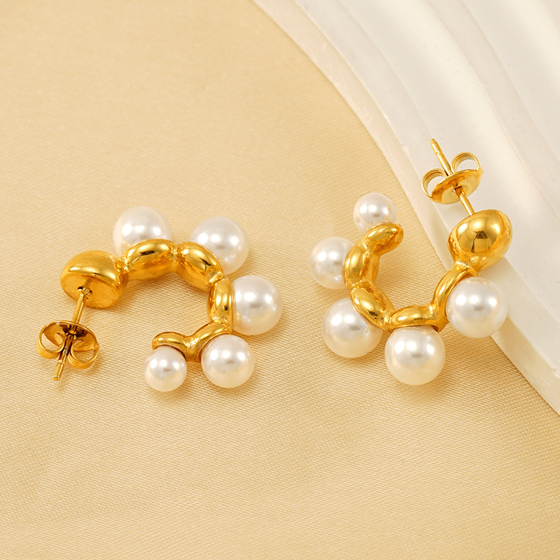 1 Pair High-End Style Geometric Shape Stainless Steel Gold Plated Inlay Artificial Pearl Women's Drop Earrings h5Picture2