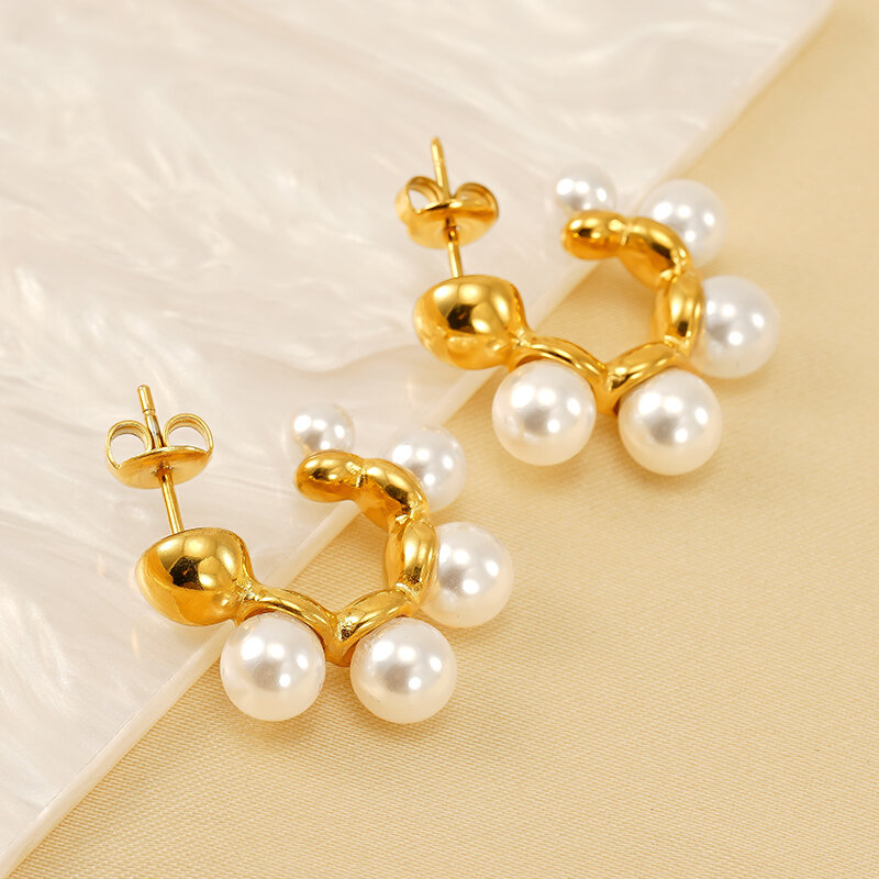 1 par de pendientes colgantes de perlas artificiales de acero inoxidable chapados en oro de 18 quilates con diseño geométrico simple para mujer 