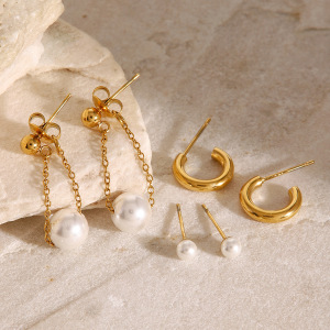 1 Pair Simple Series Retro Geometric Stainless Steel  Gold Plated Artificial Pearl Women Earrings Set h5 Picture3