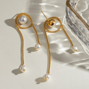 1 Pair Simple Series Elegant Geometric Stainless Steel Gold Plated Artificial Pearl Women Dangle Earrings h5 Picture4