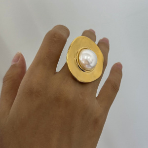 1 Pair Simple Series Retro Geometric Stainless Steel Gold Plated Artificial Pearl Women Adjustable Rings h5 Picture4