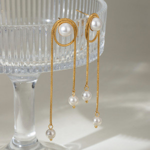 1 Pair Simple Series Elegant Geometric Stainless Steel Gold Plated Artificial Pearl Women Dangle Earrings h5 Picture2