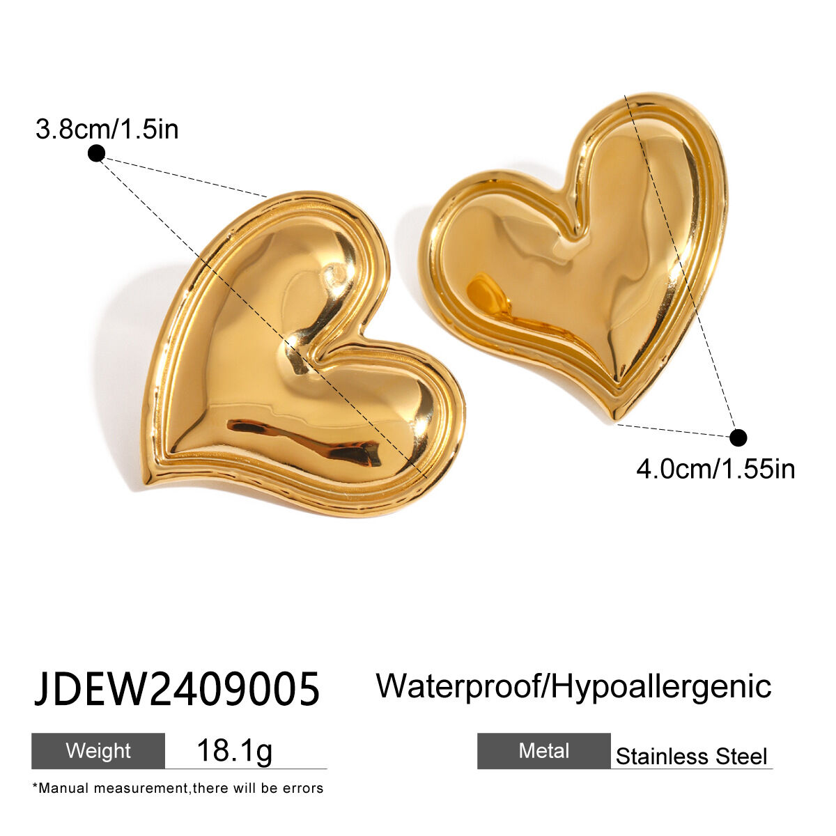 1 Pair Heart Stainless Steel Waterproof  Gold Color Stud Earrings Picture2