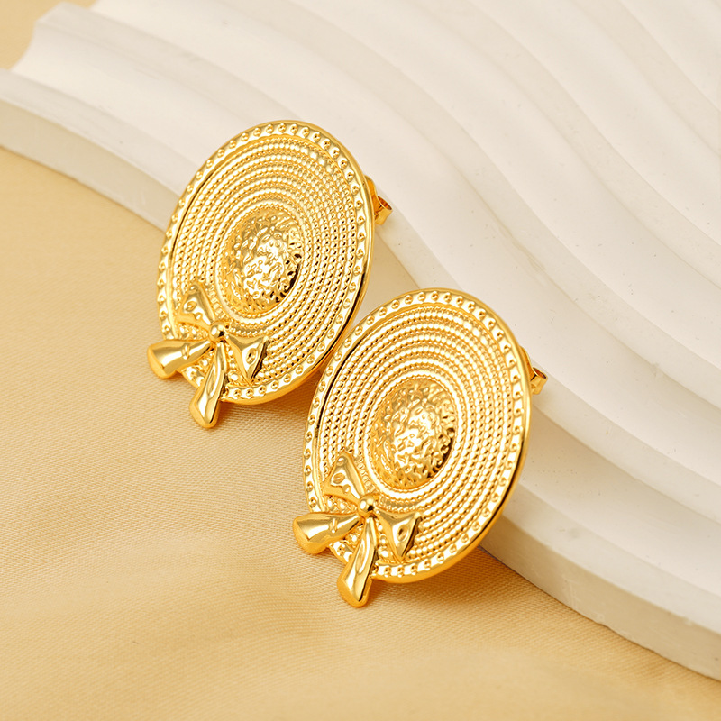 1 Pair Classic Series Retro Plaid Stainless Steel Gold Plated Women Stud Earrings h5Picture2