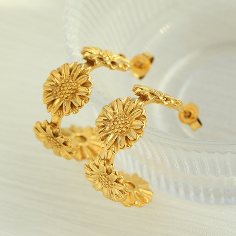1 Par De Pendientes De Aro De Acero Inoxidable Chapados En Oro De 18 Quilates Con Diseño De Flores Retro De La Serie Romántica Para Mujer h5Imagen4