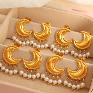 1 Par De Aretes De Botón De Acero Inoxidable Con Perla Artificial Chapada En Oro De 18 Quilates, Estilo Retro, Con Diseño De Sol Y Luna Para Mujer. h5 Imagen5