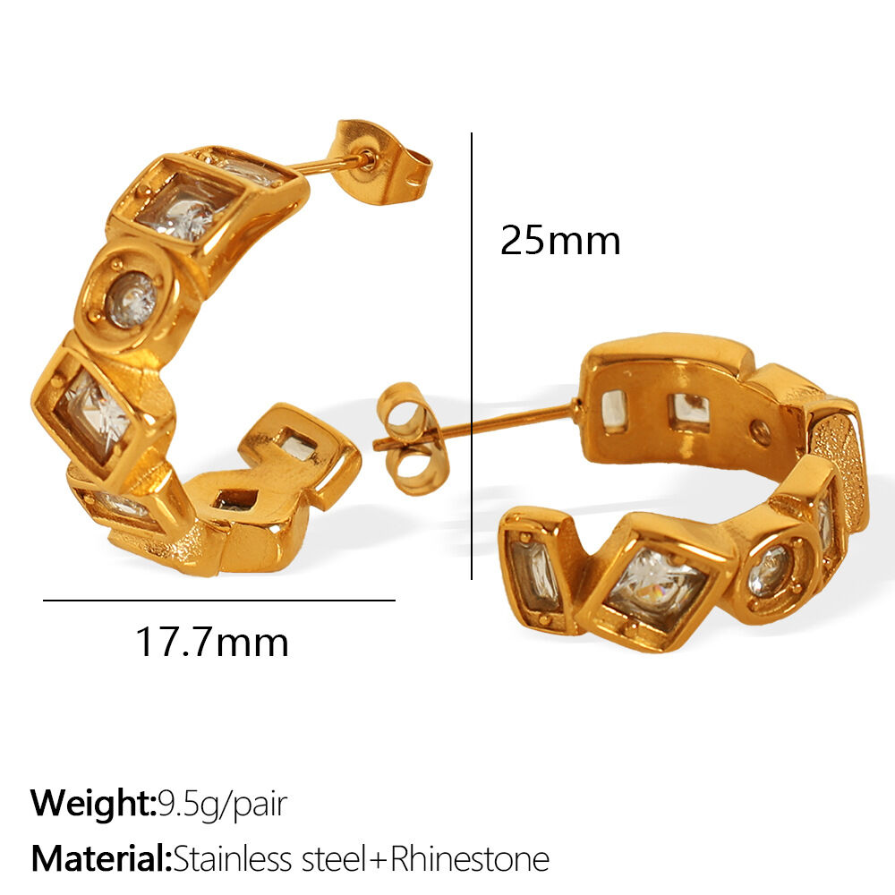 1 paire de boucles d'oreilles puces pour femme, en acier inoxydable plaqué or avec zircon, de forme géométrique simple et épurée. Image2