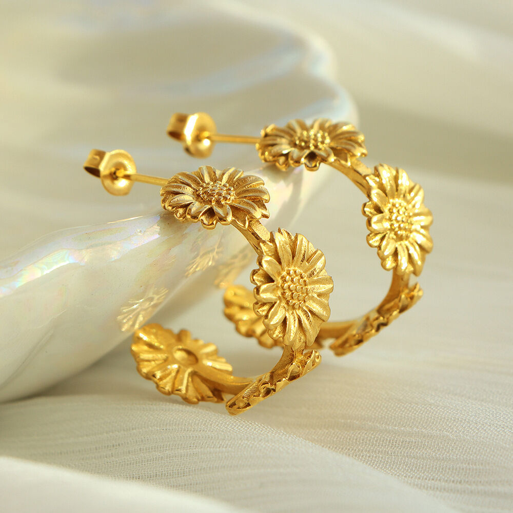 1 paire de boucles d'oreilles créoles rétro en acier inoxydable plaqué or  pour femme, série romantique h5 
