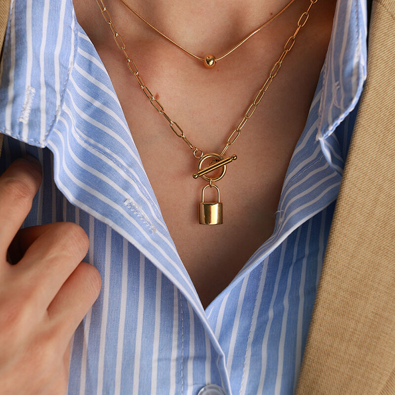 Collares en capas para mujer, de acero inoxidable chapado en oro de 18 quilates, con diseño geométrico simple, de serie simple, de 1 pieza 