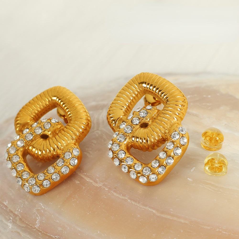1 Pair Classic Series Retro Geometric Stainless Steel  Gold Plated Rhinestone Women Stud Earrings Picture2