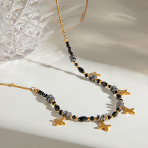 1 piece simple series elegant beads stainless steel gold plated natural stone women pendant necklaces h5