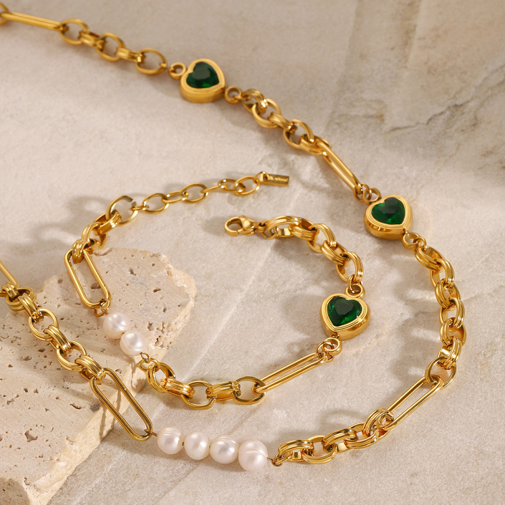 Pulsera De Cadena Con Perlas Artificiales Chapadas En Oro De 18 Quilates Y Acero Inoxidable Con Forma De Corazón Para Mujer, Serie Romántica, 1 Unidad Imagen4