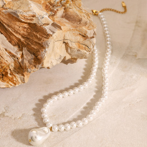 1 Piece Simple Series Retro Beads Stainless Steel  Gold Plated Artificial Pearl Women Pendant Necklaces h5 Picture3