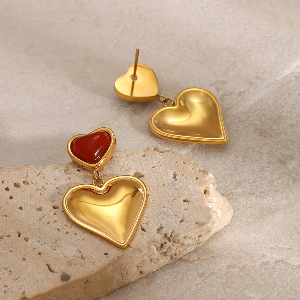1 Pair Classic Series Sweet Heart Stainless Steel Gold Plated Artificial Gemstone Women Drop Earrings h5Picture2