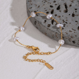 1 Piece Classic Series Elegant Geometric Stainless Steel Gold Plated Artificial Pearl Women Chain Bracelets h5 Picture3