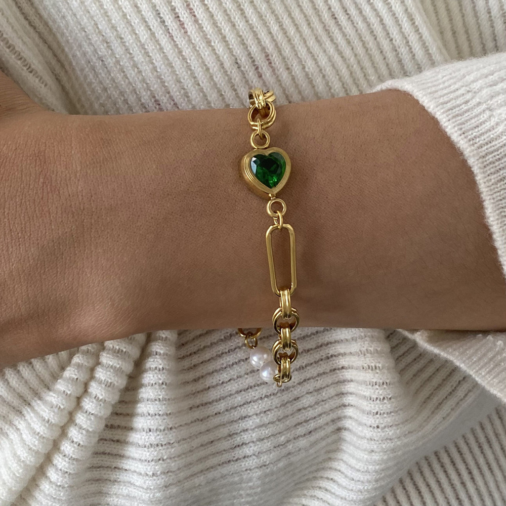 Pulsera De Cadena Con Perlas Artificiales Chapadas En Oro De 18 Quilates Y Acero Inoxidable Con Forma De Corazón Para Mujer, Serie Romántica, 1 Unidad Imagen2