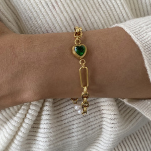 Pulsera De Cadena Con Perlas Artificiales Chapadas En Oro De 18 Quilates Y Acero Inoxidable Con Forma De Corazón Para Mujer, Serie Romántica, 1 Unidad h5 Imagen2