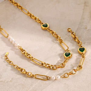 1 Piece Simple Series Sweet Heart Stainless Steel Gold Plated Artificial Pearl Women Chain Necklaces h5 Picture3