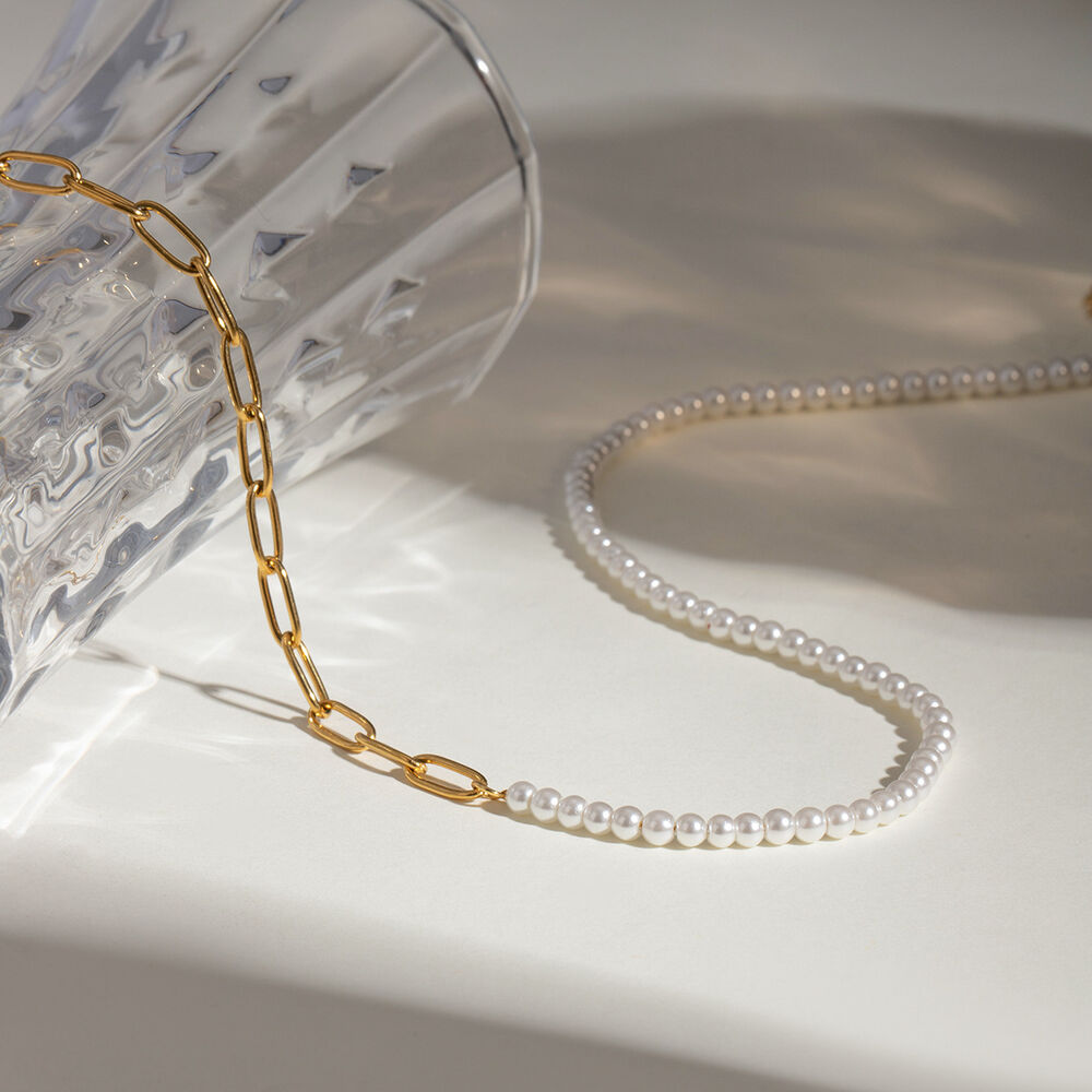 1 pezzo semplice serie classica perline acciaio inossidabile placcato oro 18k perle artificiali collane a catena da donna