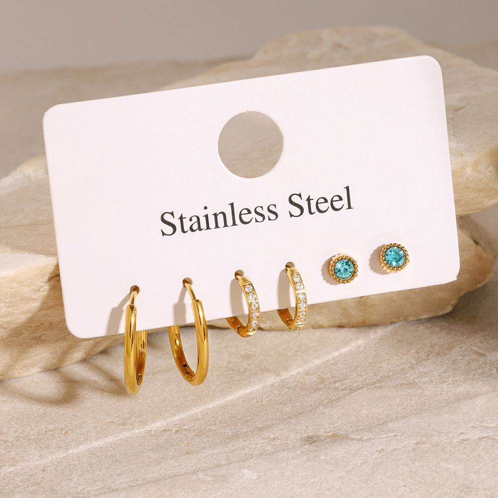 1 Pair Simple Series Sweet Geometric Stainless Steel Gold Plated Zircon Women Earrings Set h5Picture2