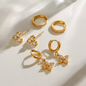 1 Piece Simple Classic Style Four-Pointed Star Shape Stainless Steel Gold Plated Inlay Zircon Women's Earrings Set h5 Picture4