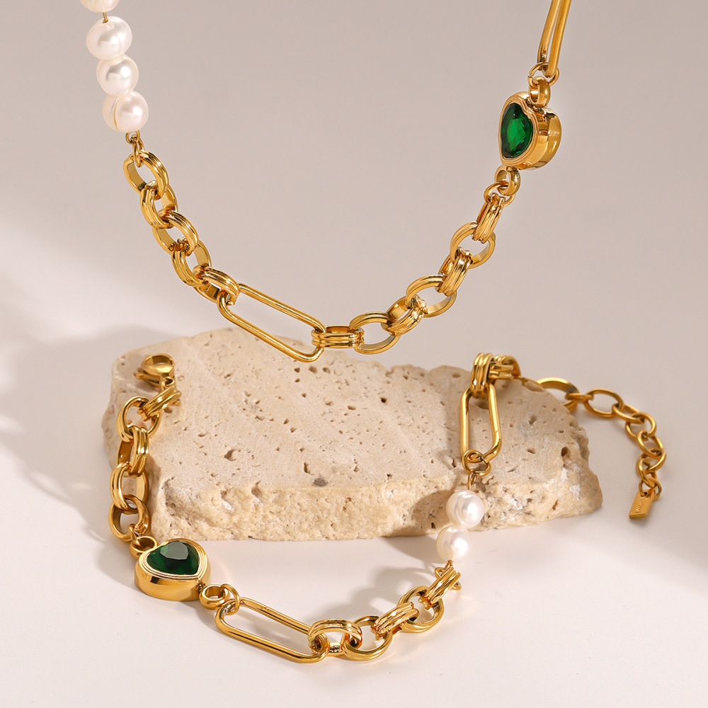 Pulsera De Cadena Con Perlas Artificiales Chapadas En Oro De 18 Quilates Y Acero Inoxidable Con Forma De Corazón Para Mujer, Serie Romántica, 1 Unidad Imagen3