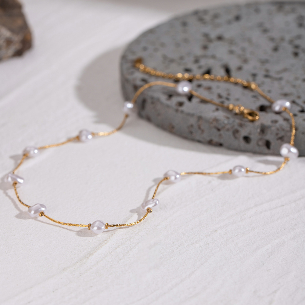 1 Piece Simple Series Sweet Geometric Stainless Steel Gold Plated Artificial Pearl Women Chain Necklaces h5Picture3