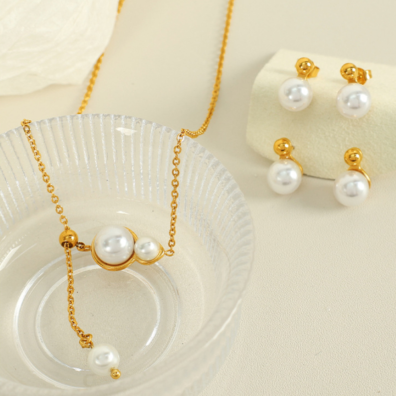 1 Pair Simple Series Simple Geometric Stainless Steel  Gold Plated Artificial Pearl Women Necklaces Sets Picture2