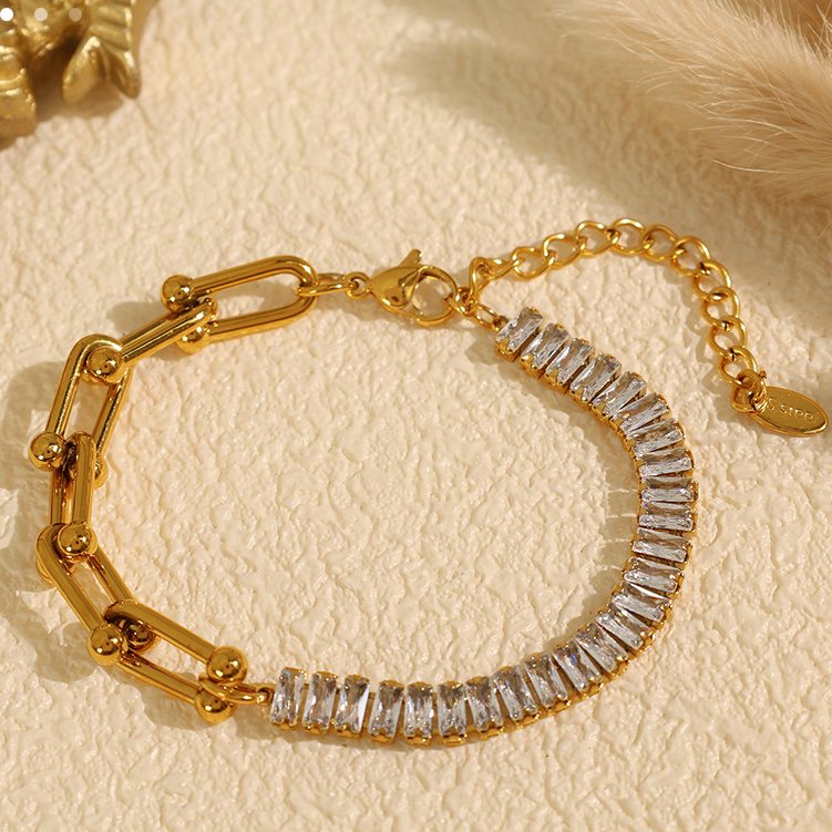 1 Piece Luxurious Series Simple Geometric Stainless Steel  Gold Plated Rhinestone Women Charm Bracelets Picture5