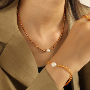 1 Piece Simple Series Retro Beads Stainless Steel Gold Plated Artificial Pearl Women Beaded Bracelets h5 Picture2